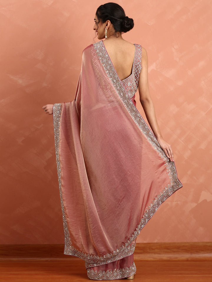 Neerus Pink tissue embellished saree with Swarovski embroidery - back view
