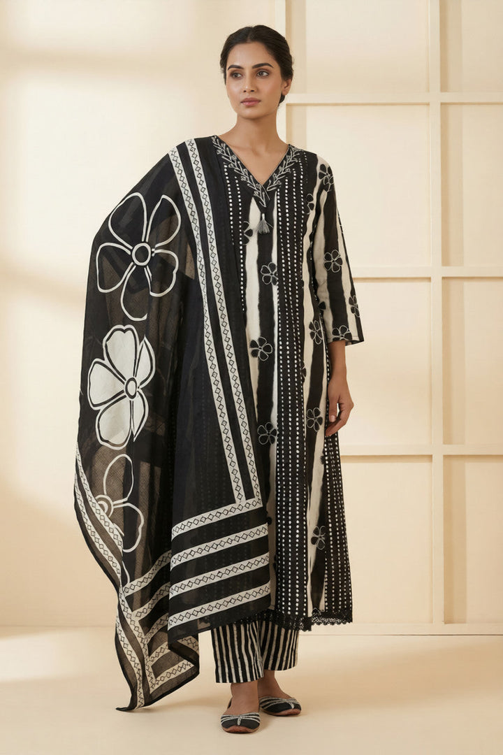 Neerus Black cotton hand embroidered suit set - front view
