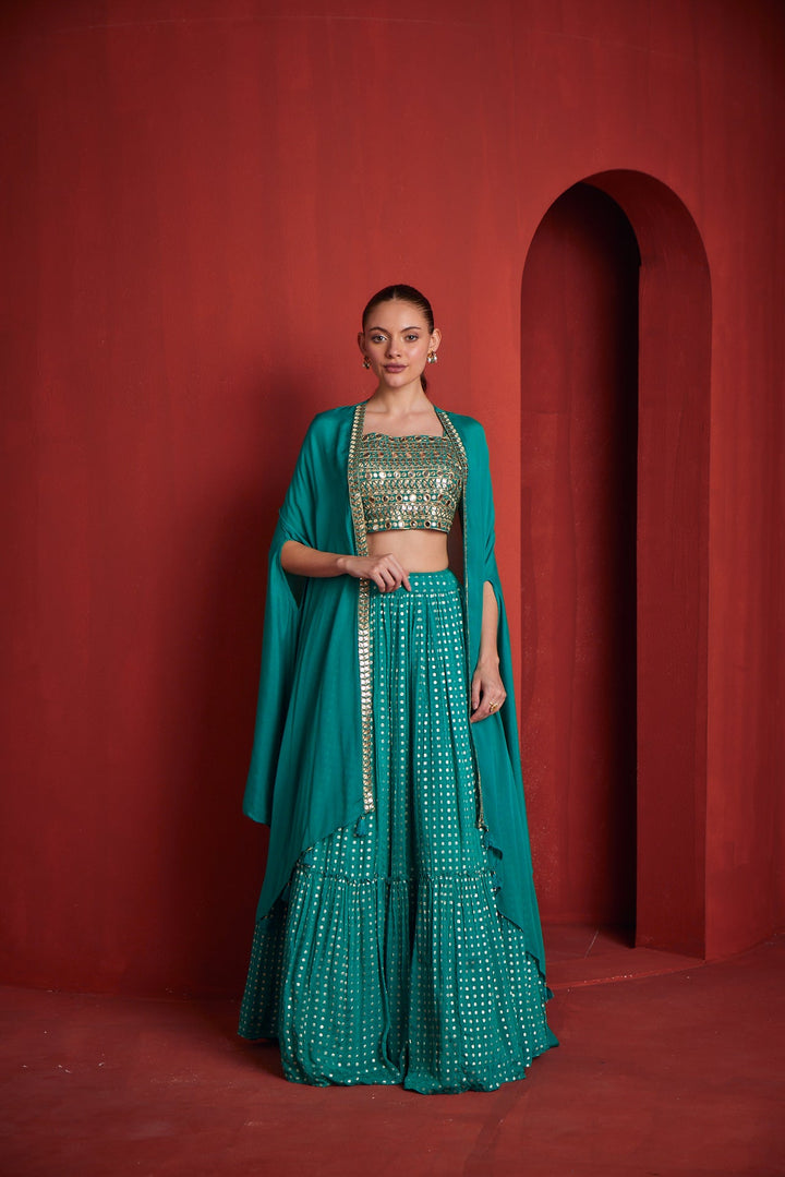 Neerus Green Banarasi woven lehenga set - front view