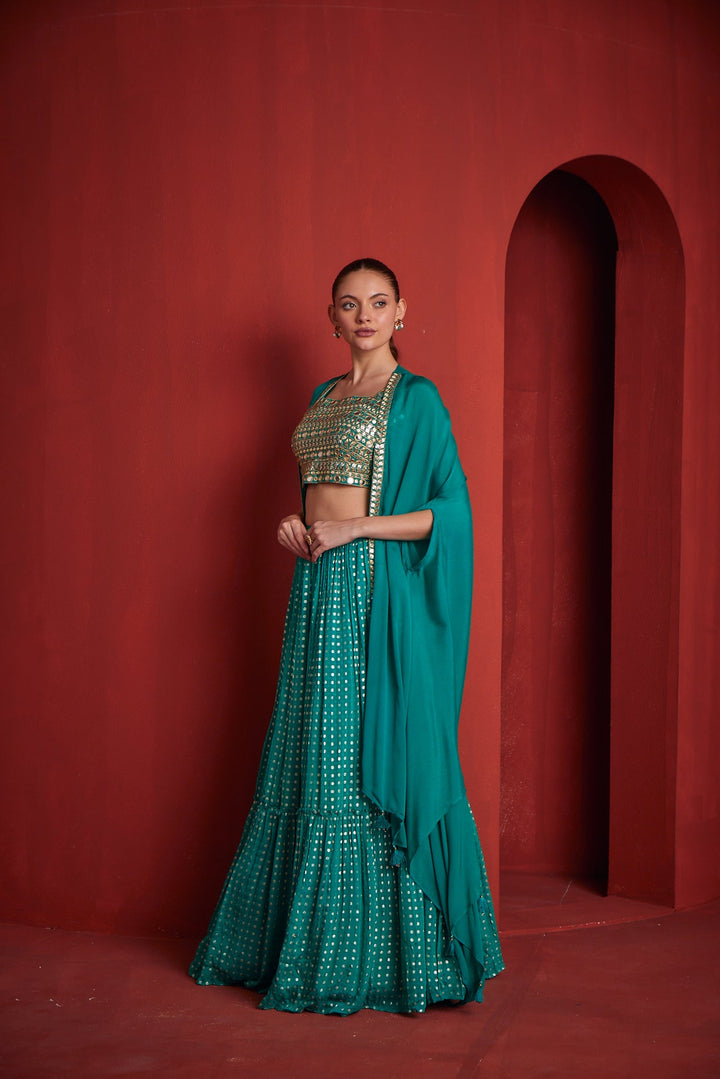 Neerus Green Banarasi woven lehenga set - side view