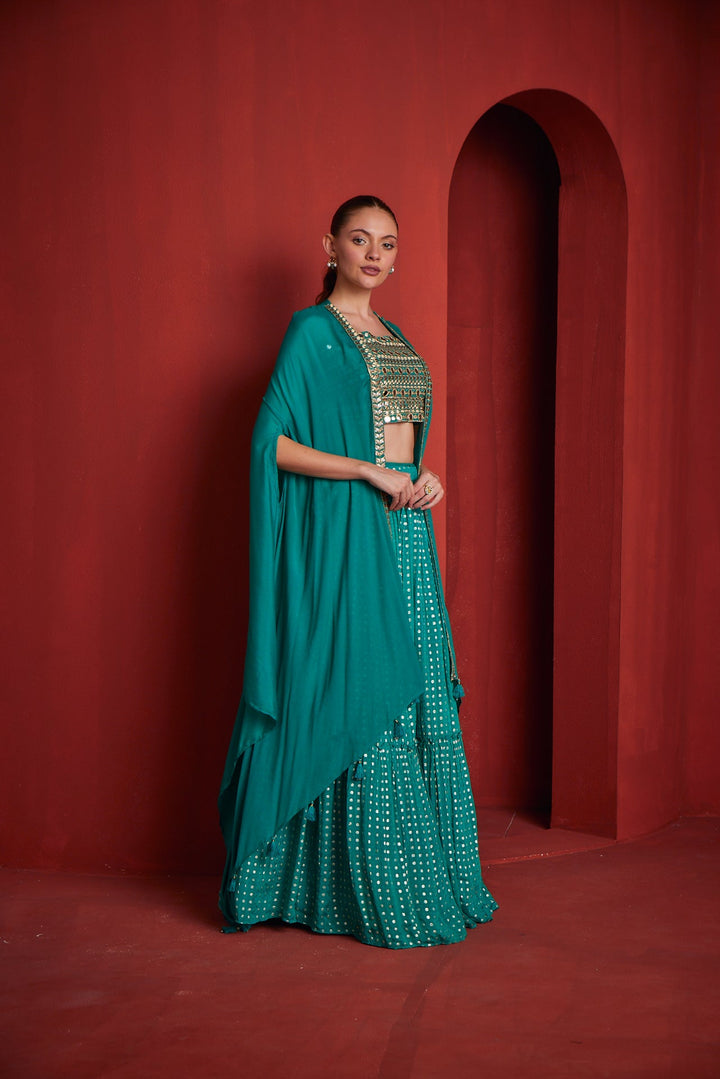 Neerus Green Banarasi woven lehenga set - detail view 1
