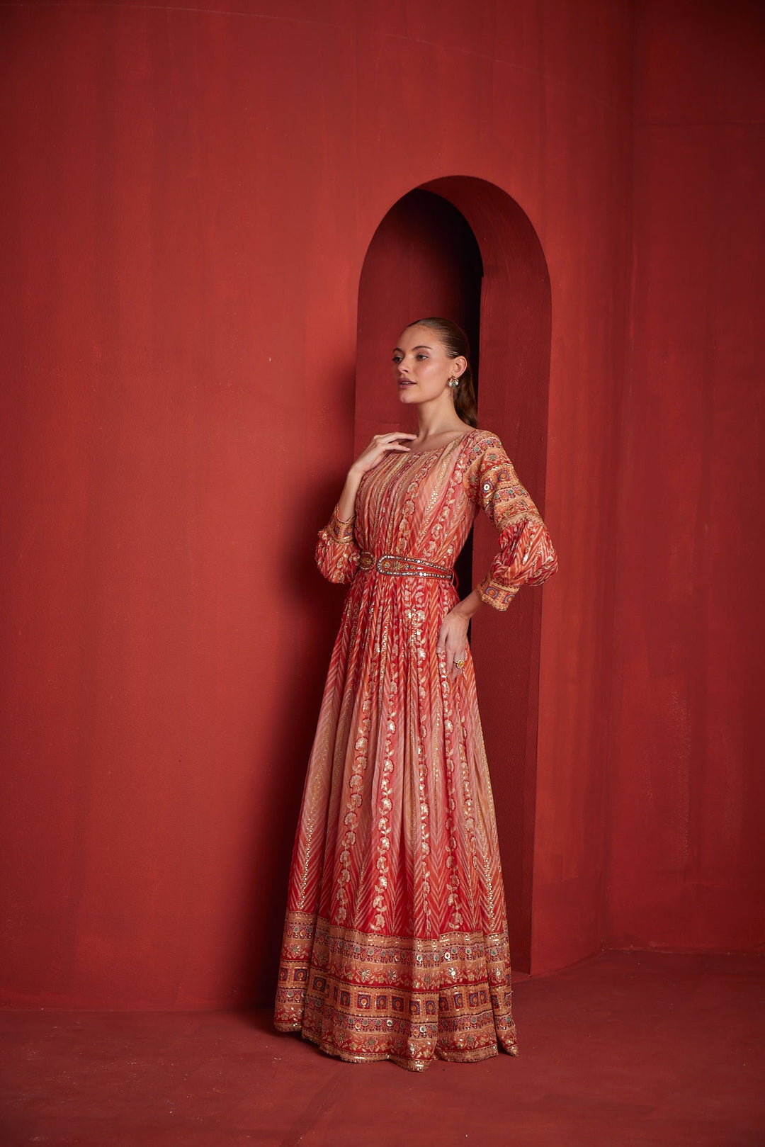 Neerus Brown chinon printed gown - back view