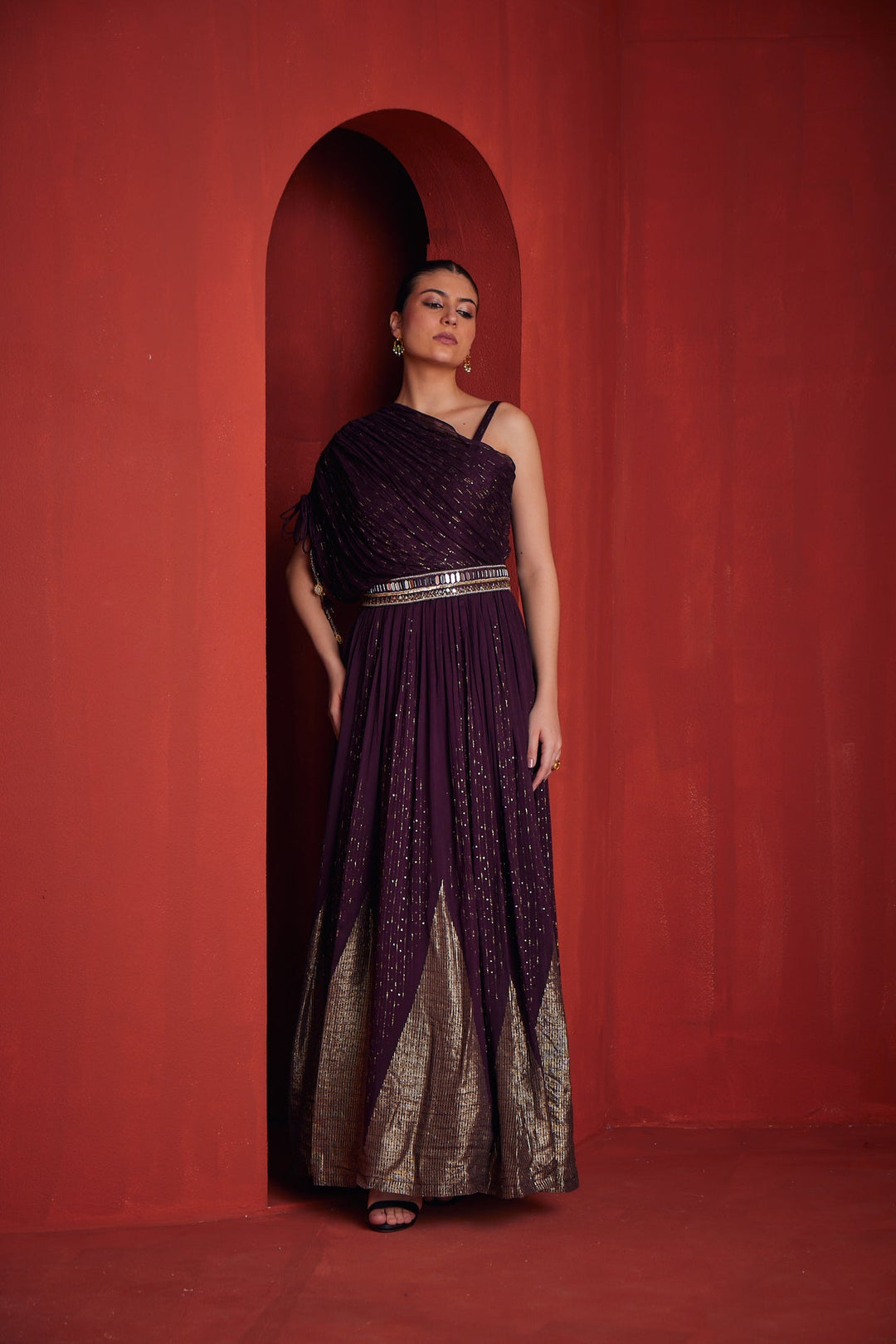 Neerus Maroon organza embellished suit set - back view