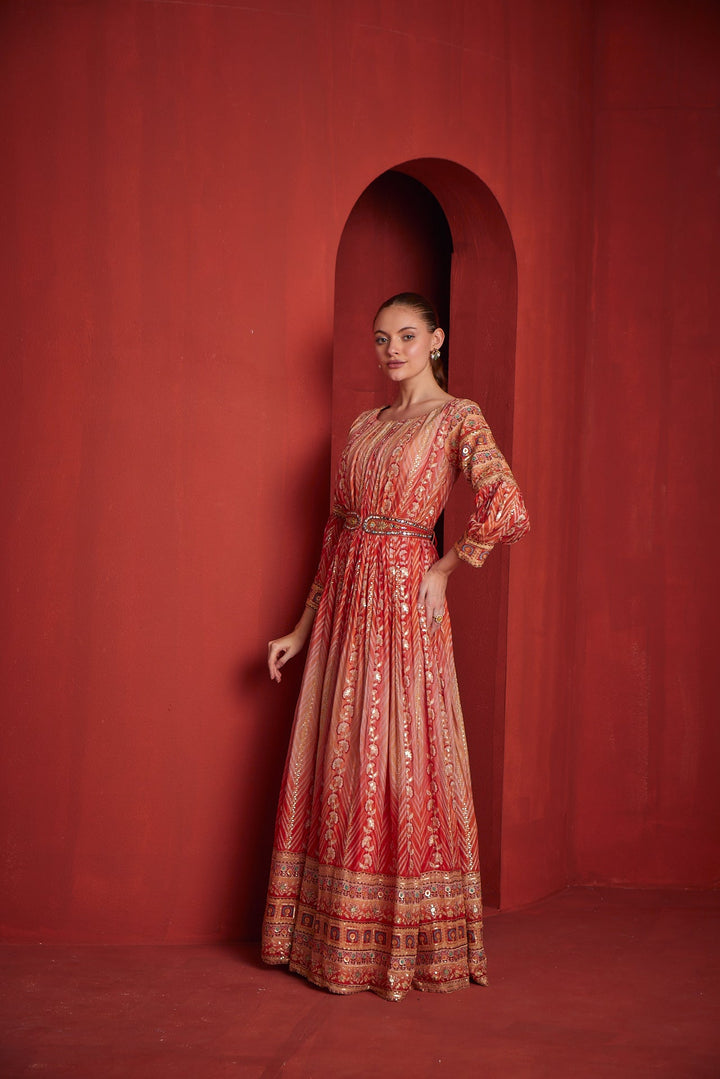 Neerus Brown chinon printed gown - side view