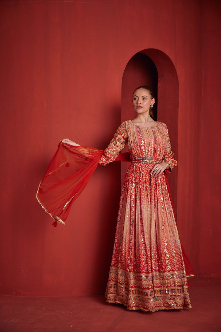 Neerus Brown chinon printed gown - front view