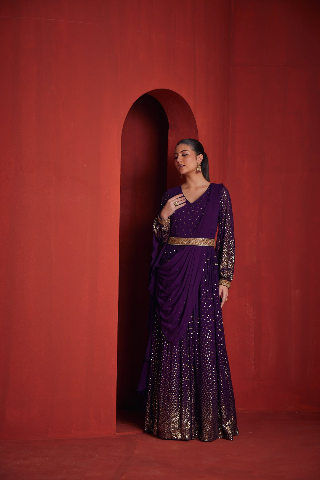 Neerus Purple Georgette Straight Suit Set - front view