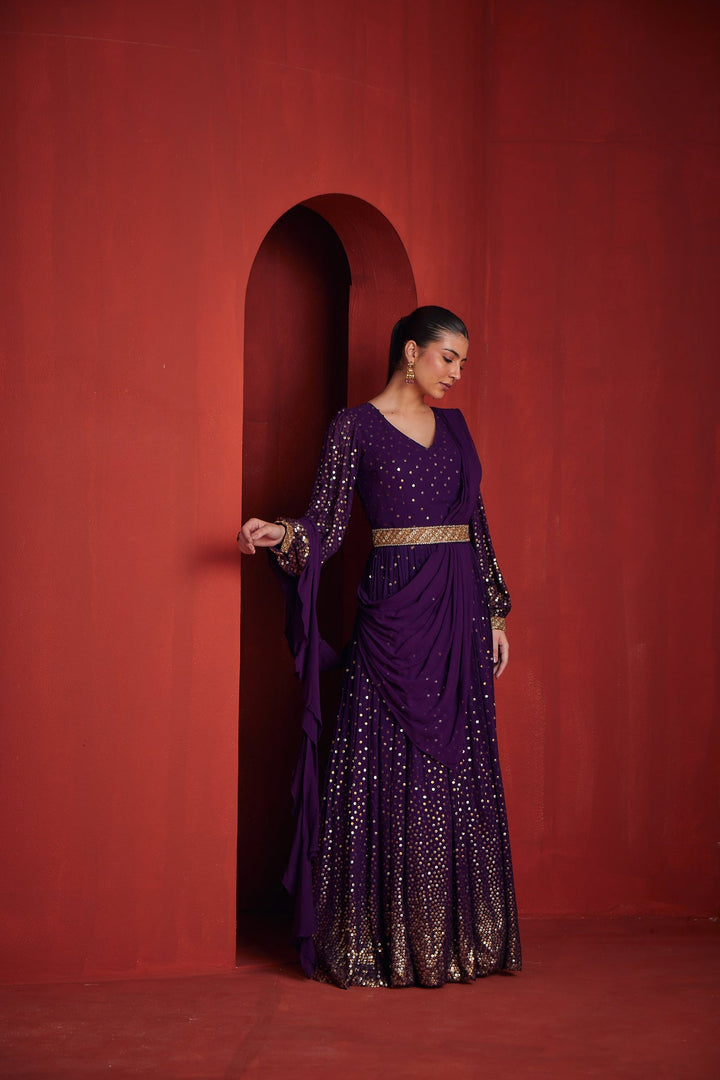 Neerus Purple Georgette Straight Suit Set - detail view 1