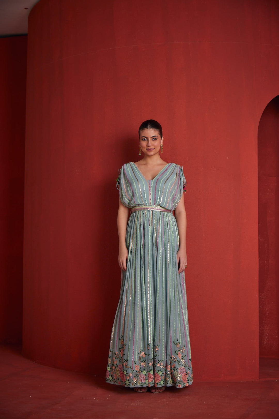 Neerus Green georgette embroidered gown - front view
