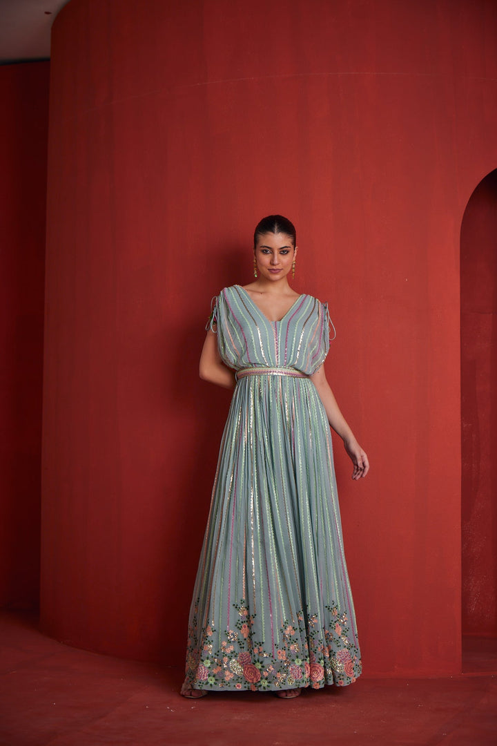 Neerus Green georgette embroidered gown - back view