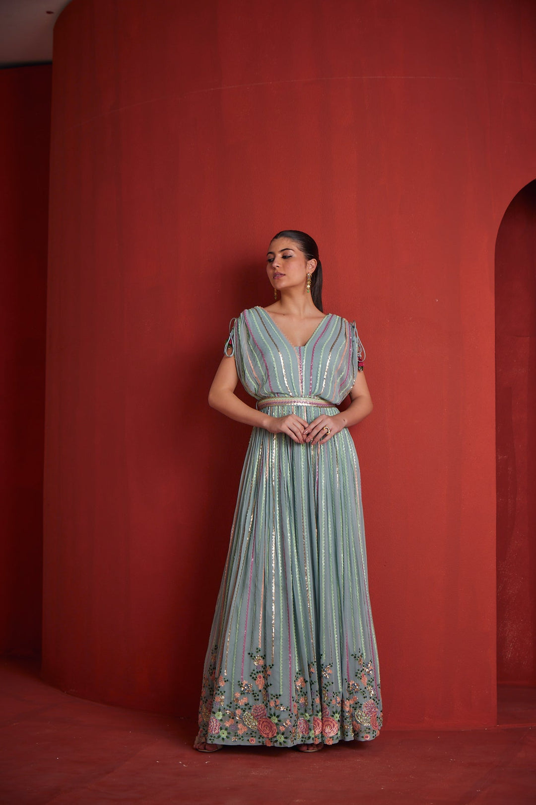 Neerus Green georgette embroidered gown - side view