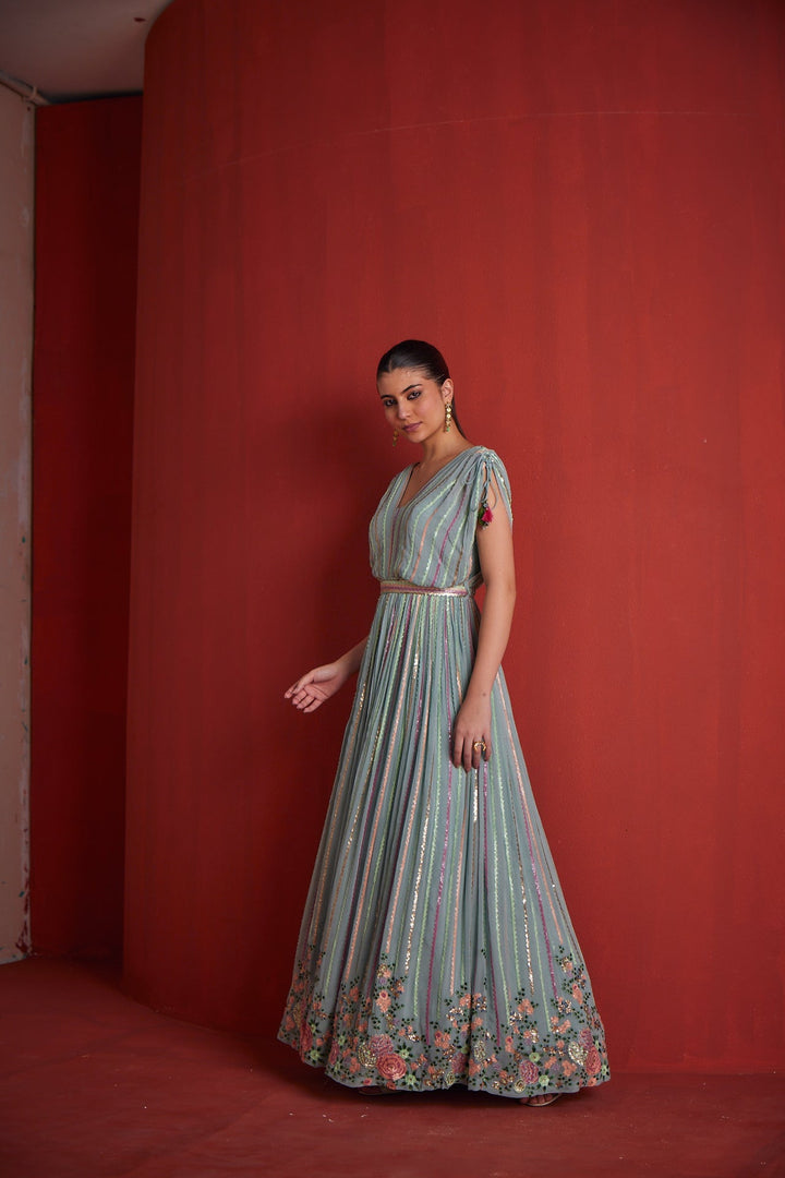 Neerus Green georgette embroidered gown - detail view 1