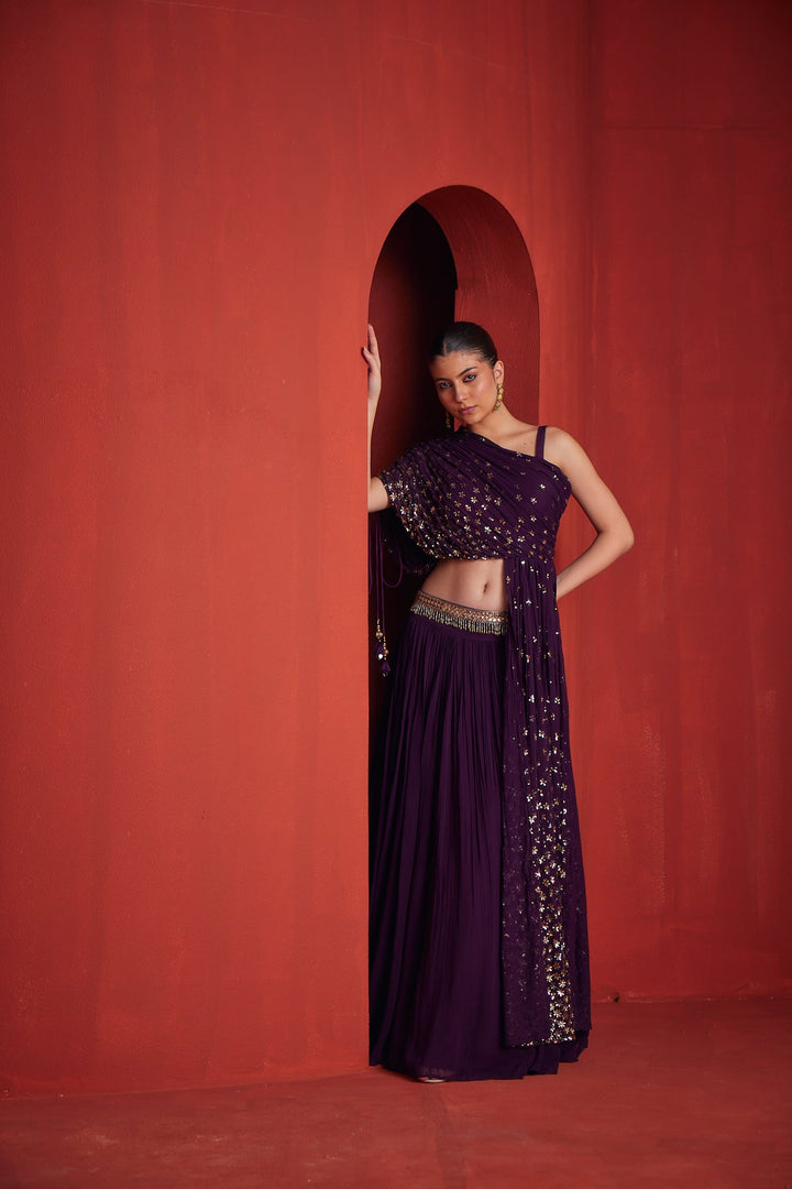 Neerus Maroon georgette embellished lehenga set - front view