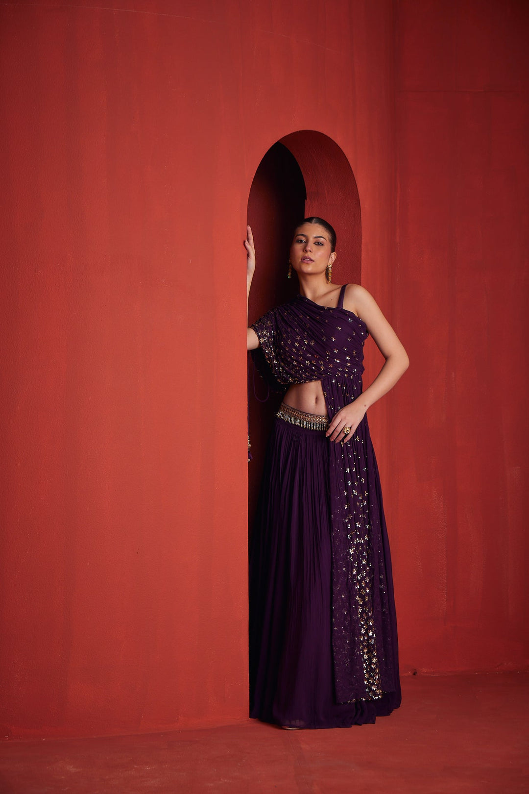 Neerus Maroon georgette embellished lehenga set - back view