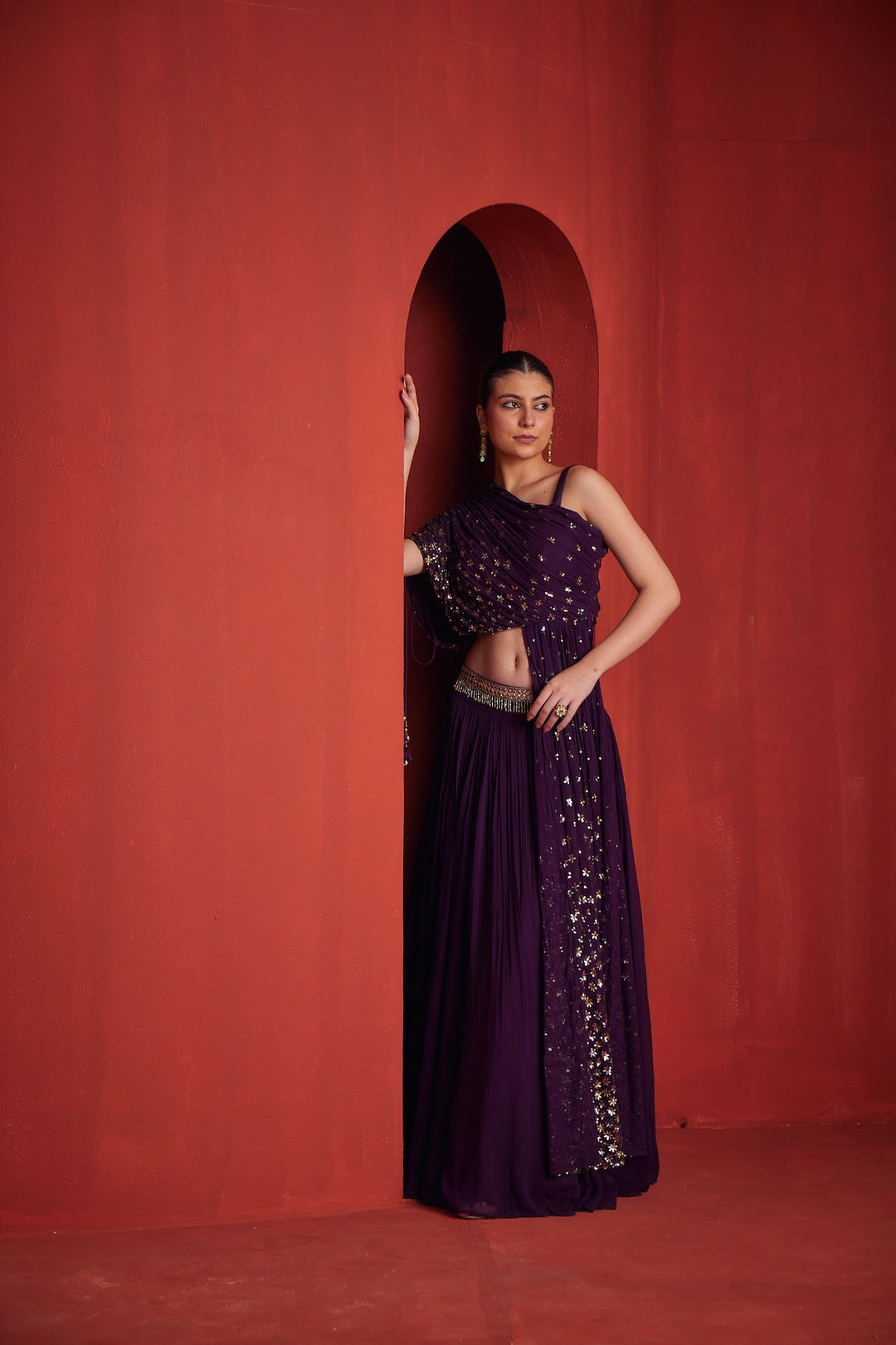 Neerus Maroon georgette embellished lehenga set - side view