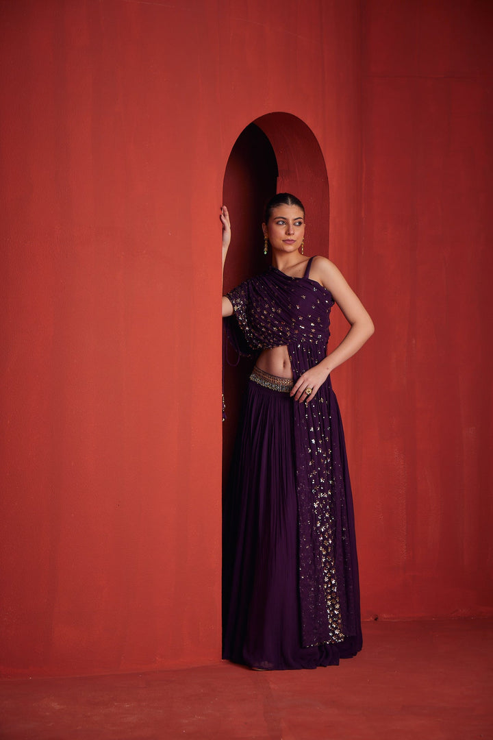 Neerus Maroon georgette embellished lehenga set - side view