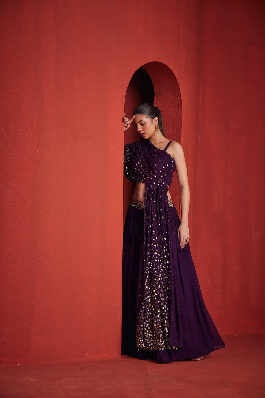 Neerus Maroon georgette embellished lehenga set - detail view 1