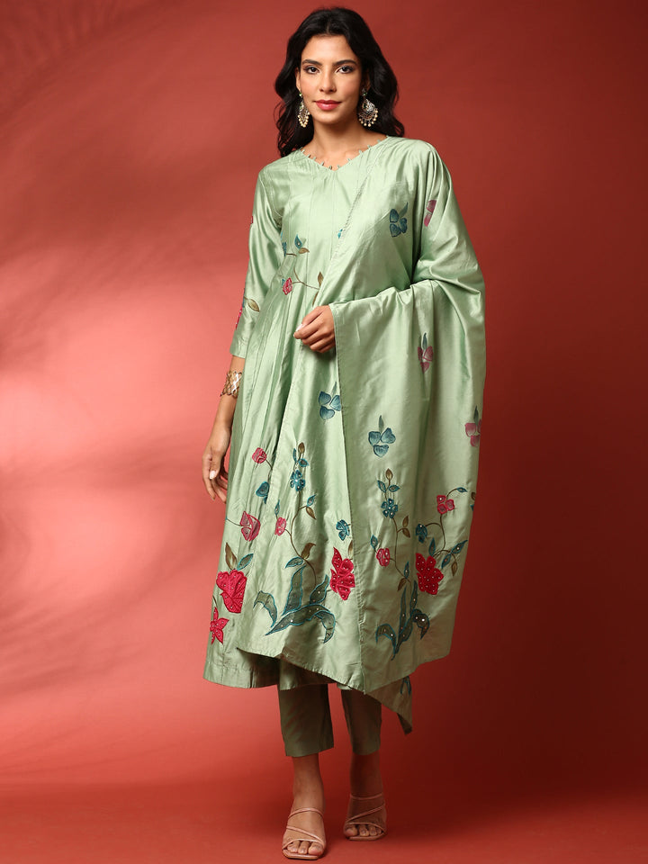 Neerus Green silk embellished anarkali suit set - front view