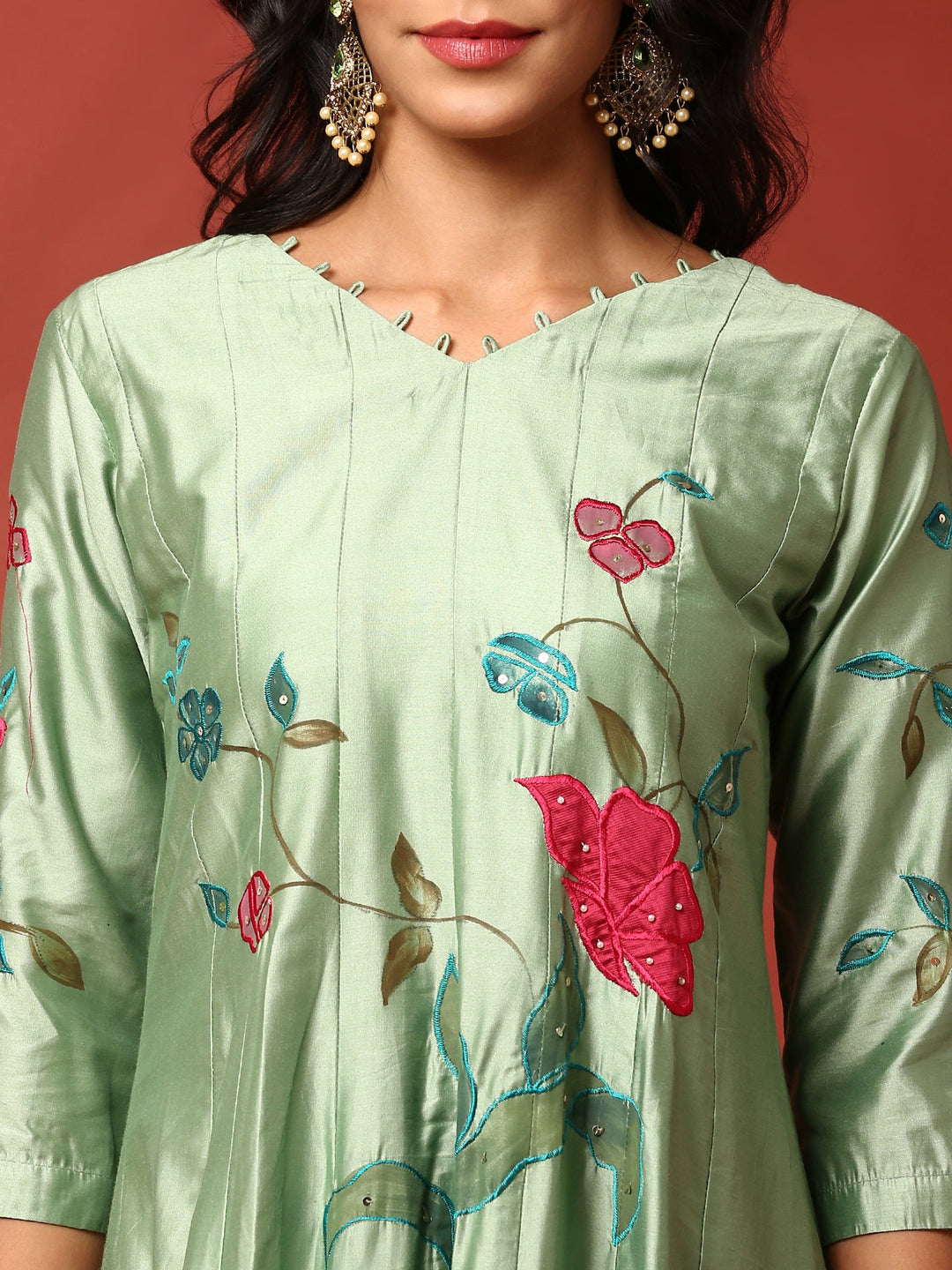 Neerus Green silk embellished anarkali suit set - detail view 1