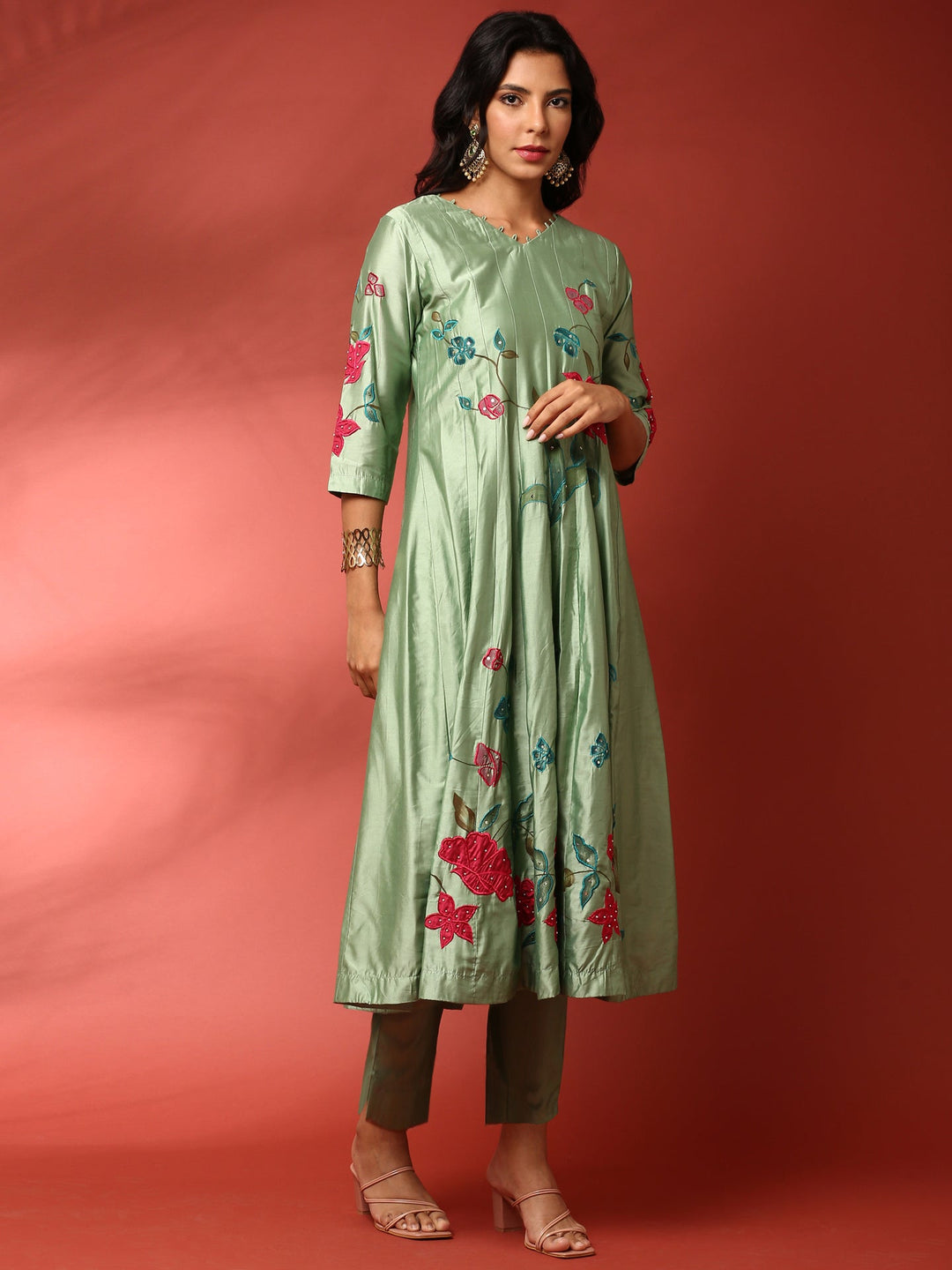 Neerus Green silk embellished anarkali suit set - back view