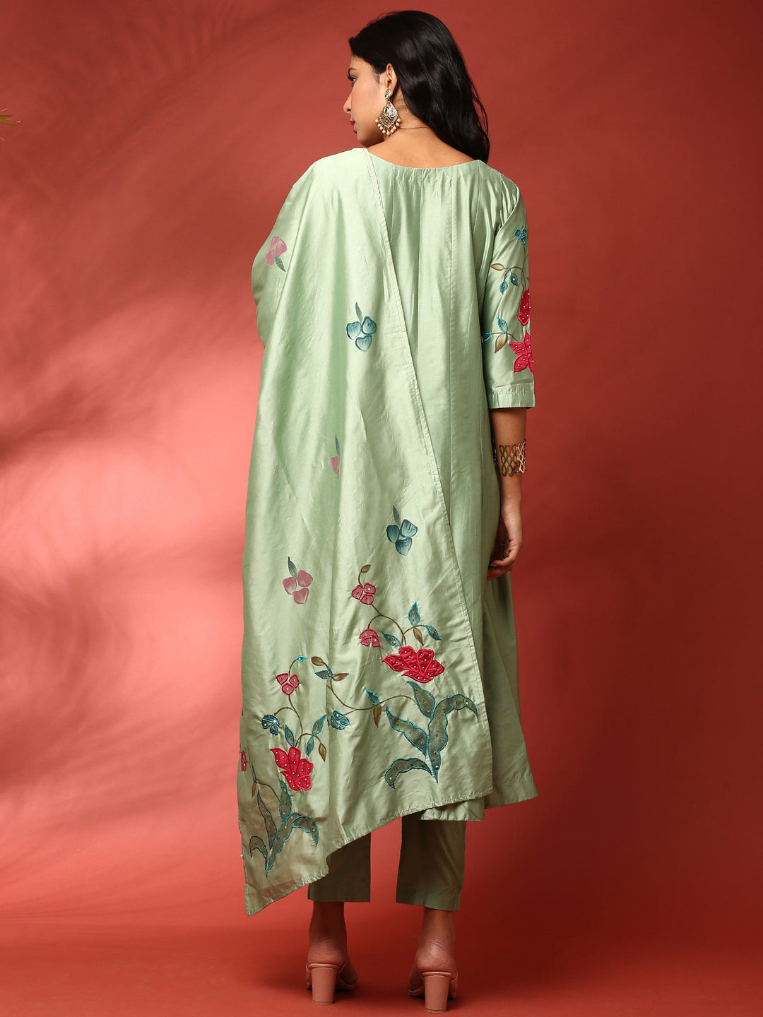 Neerus Green silk embellished anarkali suit set - side view