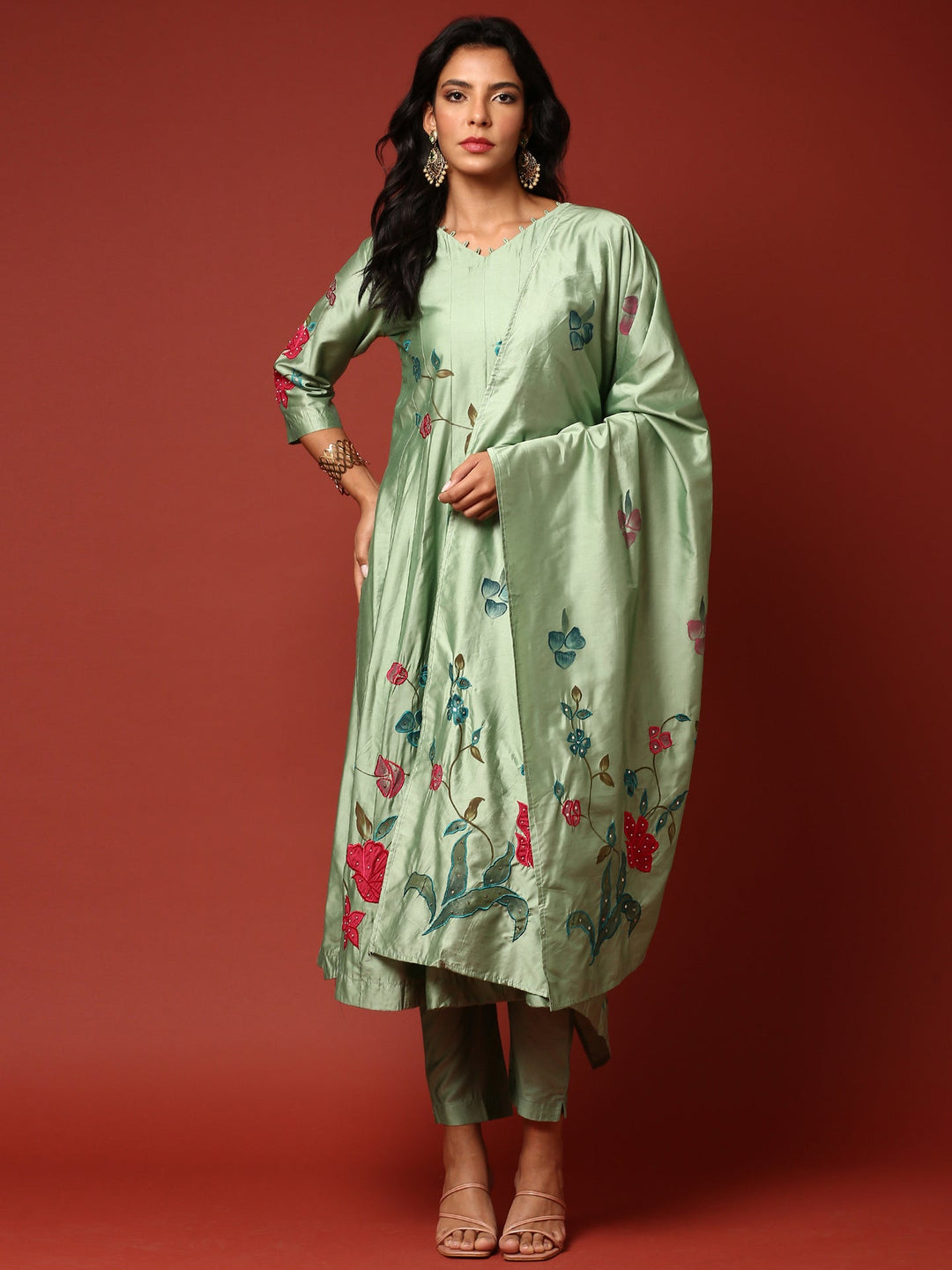 Neerus Green silk embellished anarkali suit set - detail view 2