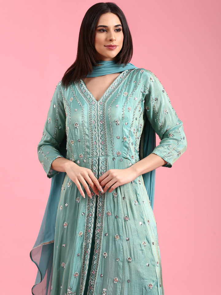 Neerus Green tissue embellished suit set - detail view 3