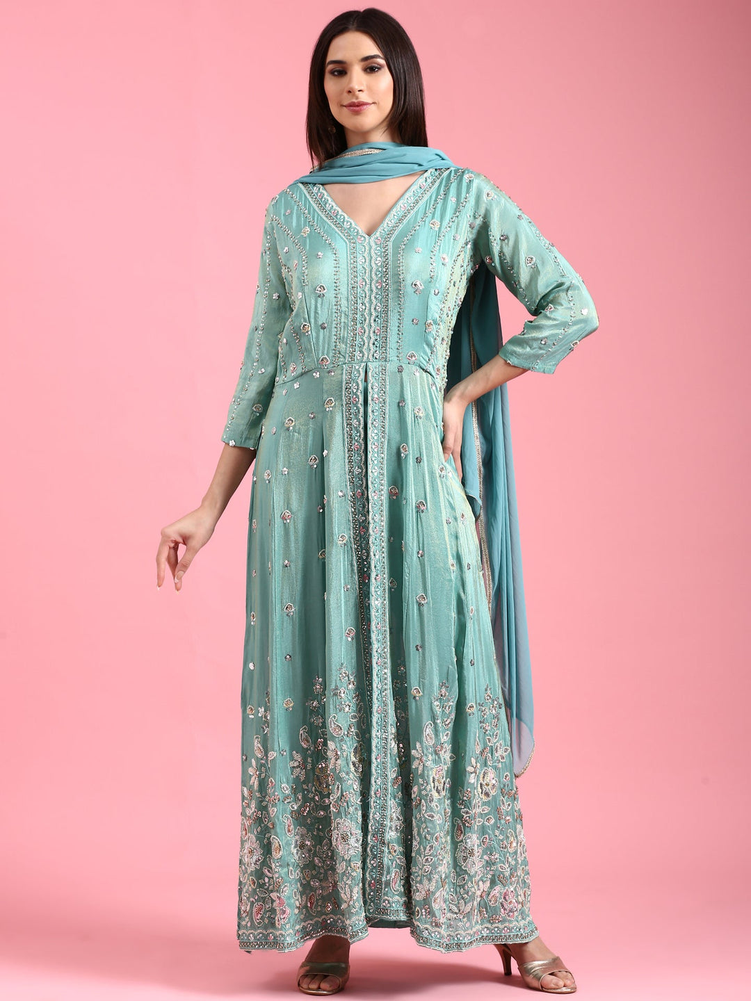 Neerus Green tissue embellished suit set - front view