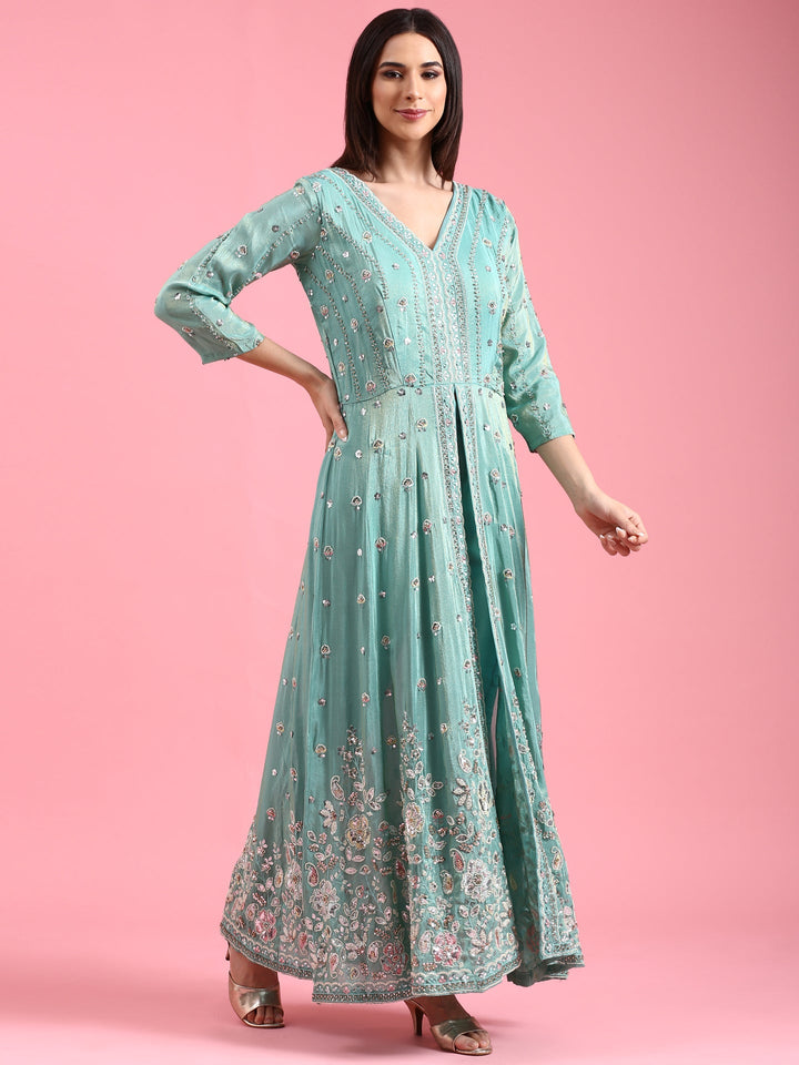Neerus Green tissue embellished suit set - back view