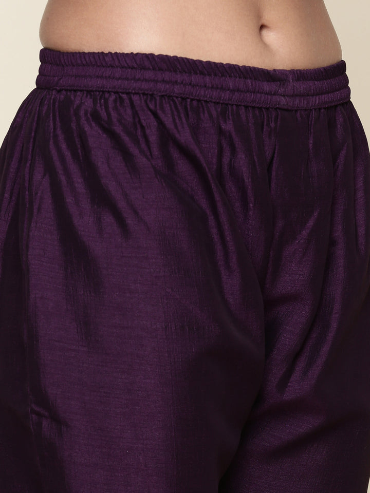 Purple Silk Embroidered three piece suit set with Contrast Dupatta