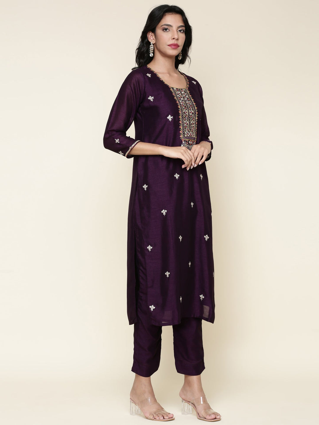 Neerus Purple silk embroidered suit set - side view