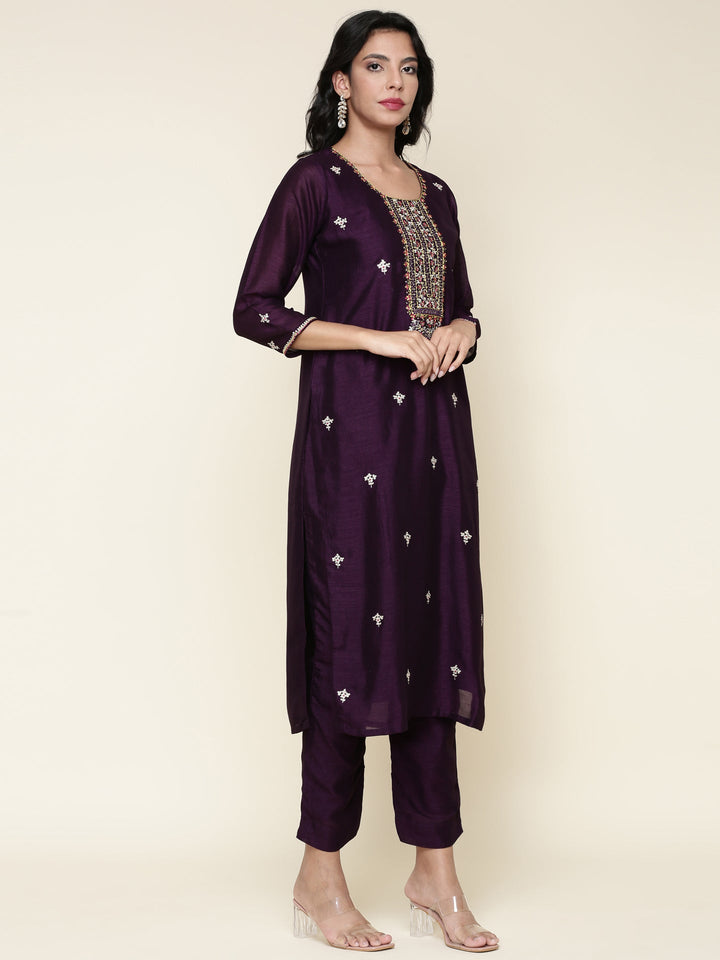 Purple Silk Embroidered three piece suit set with Contrast Dupatta