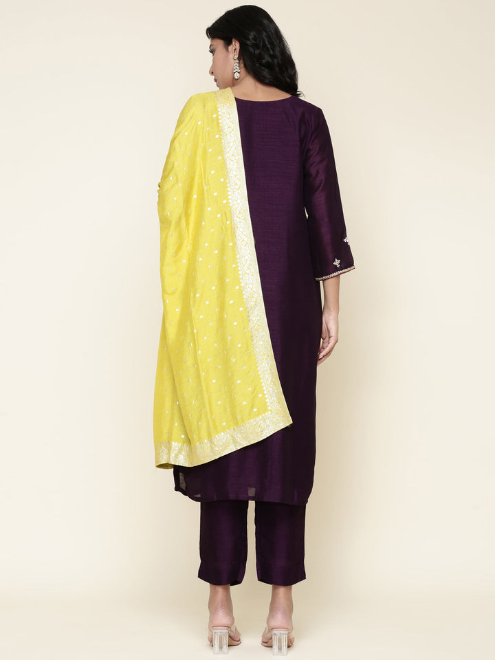 Purple Silk Embroidered three piece suit set with Contrast Dupatta
