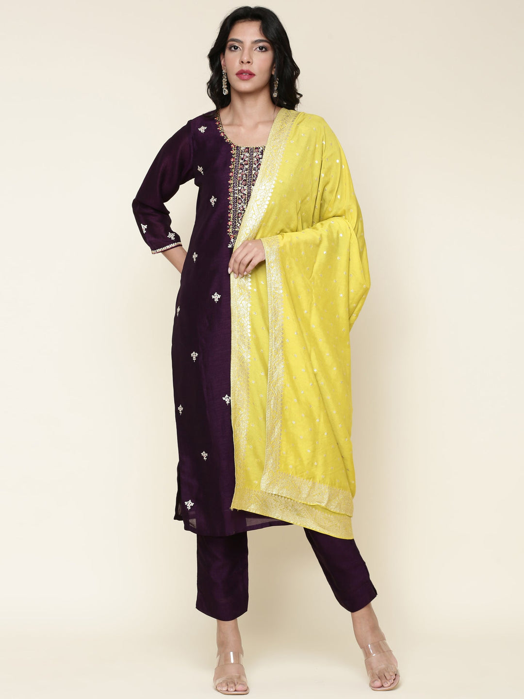 Neerus Purple silk embroidered suit set - front view