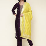 Purple Silk Embroidered three piece suit set with Contrast Dupatta