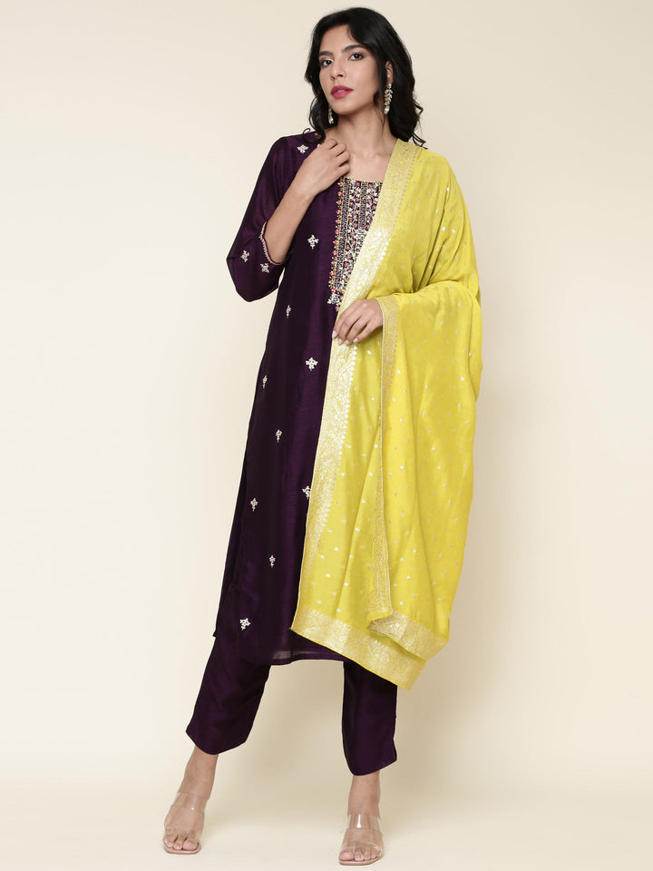 Purple Silk Embroidered three piece suit set with Contrast Dupatta