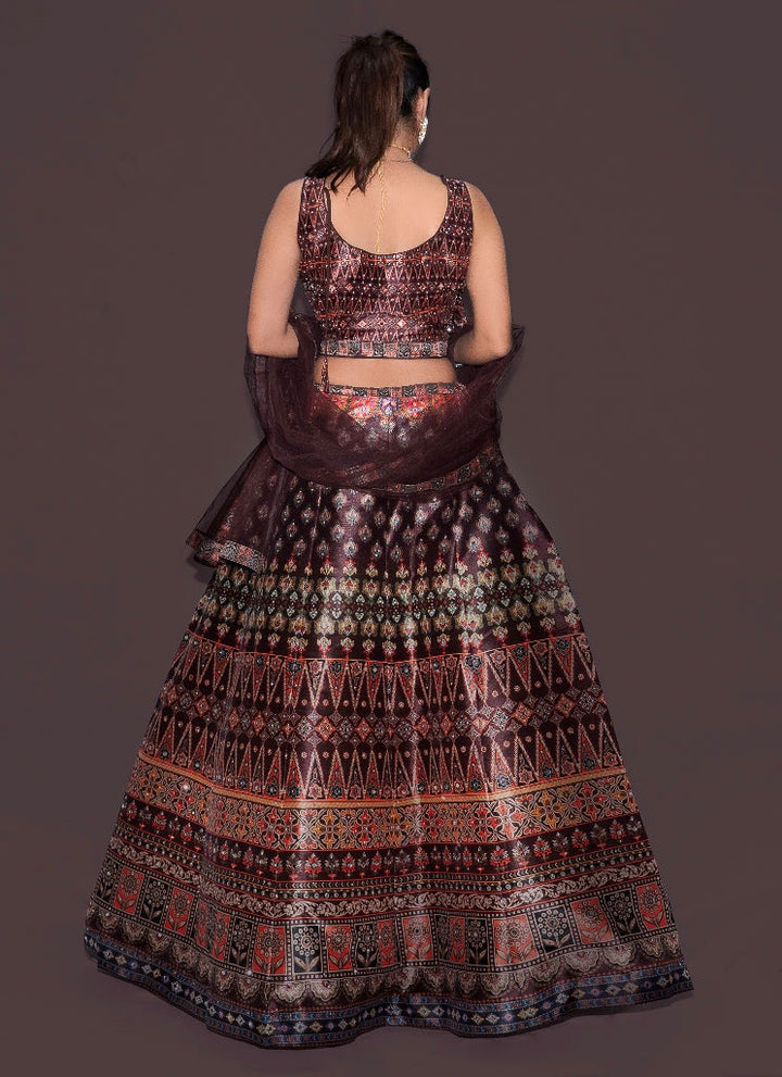 Neerus Brown silk printed lehenga set - side view
