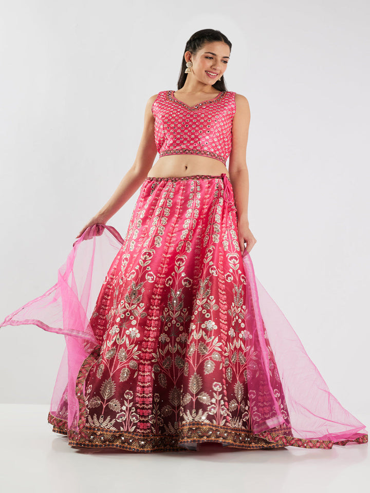 Neerus Pink silk printed lehenga set - front view