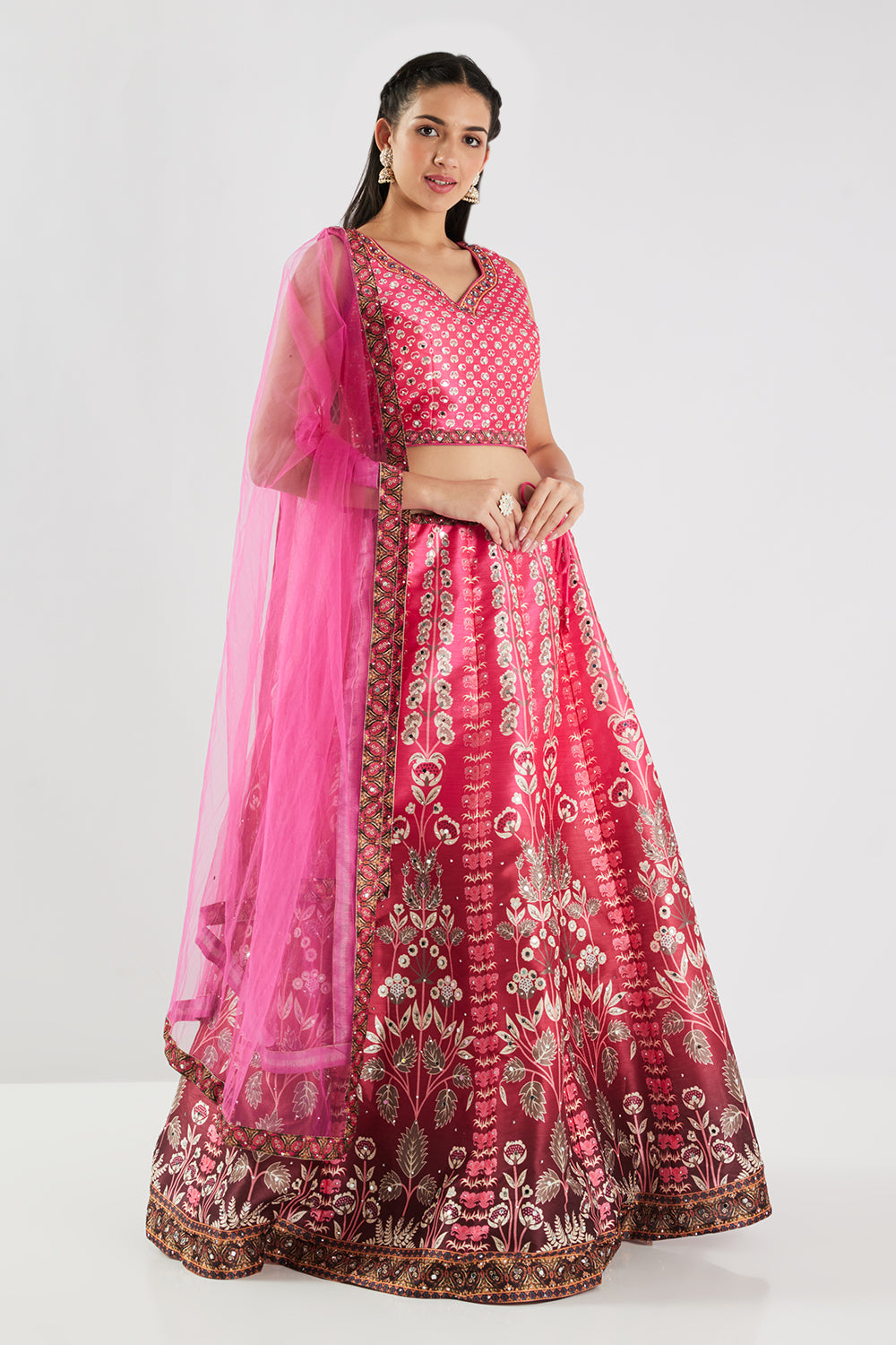 Neerus Pink silk printed lehenga set - back view