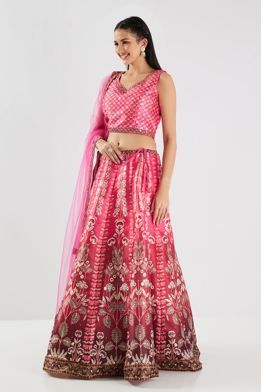 Neerus Pink silk printed lehenga set - side view