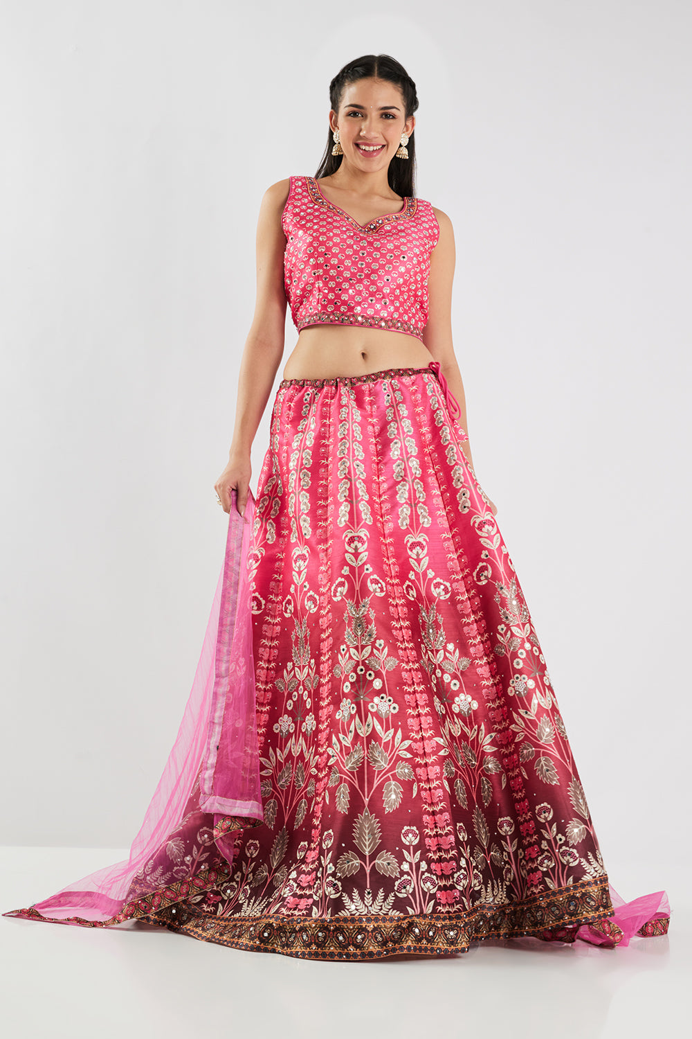 Neerus Pink silk printed lehenga set - detail view 1