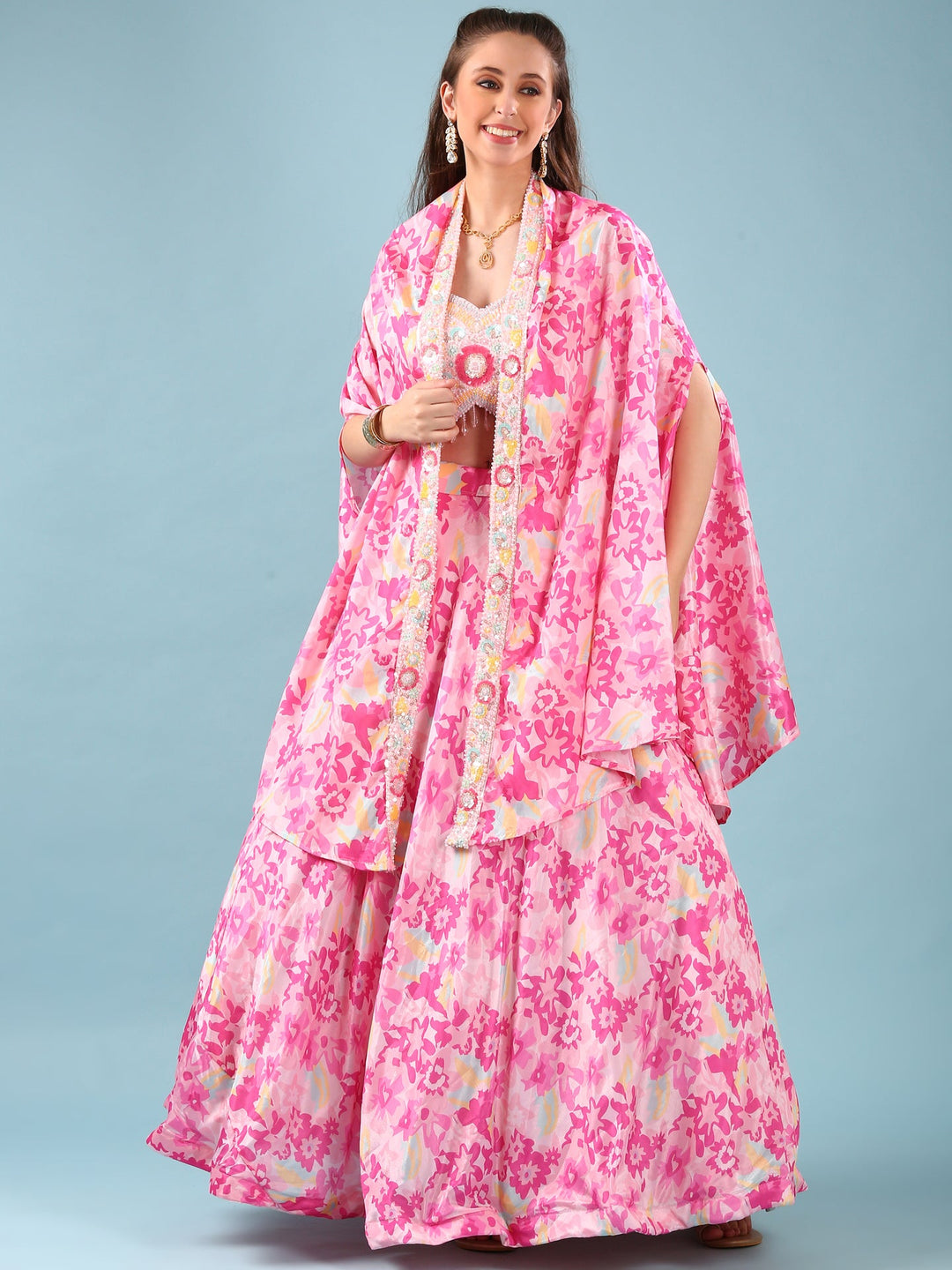 Neerus Pink Chinon Digital Printed Jacket Lehenga Set - front view