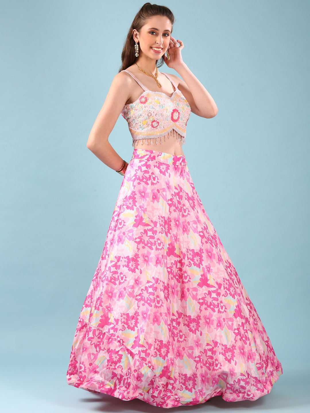 Neerus Pink Chinon Digital Printed Jacket Lehenga Set - back view