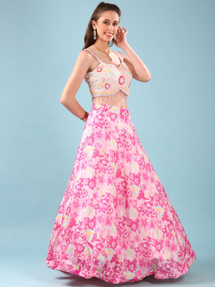 Neerus Pink Chinon Digital Printed Jacket Lehenga Set - back view