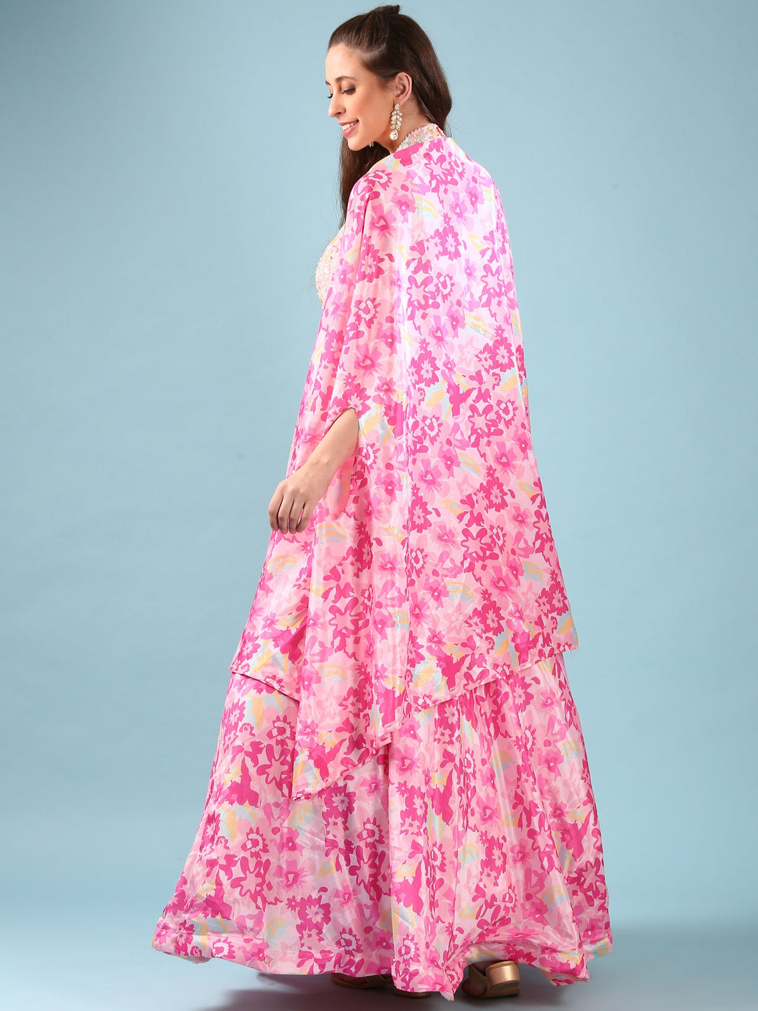 Neerus Pink Chinon Digital Printed Jacket Lehenga Set - side view