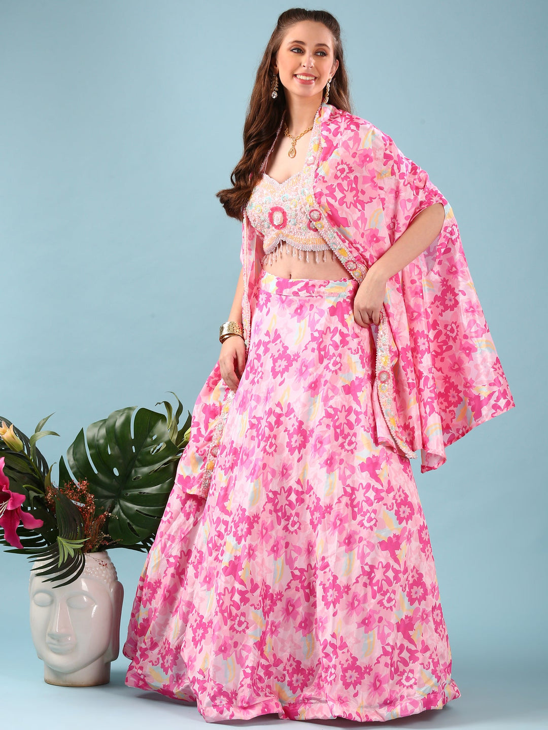 Neerus Pink Chinon Digital Printed Jacket Lehenga Set - detail view 2