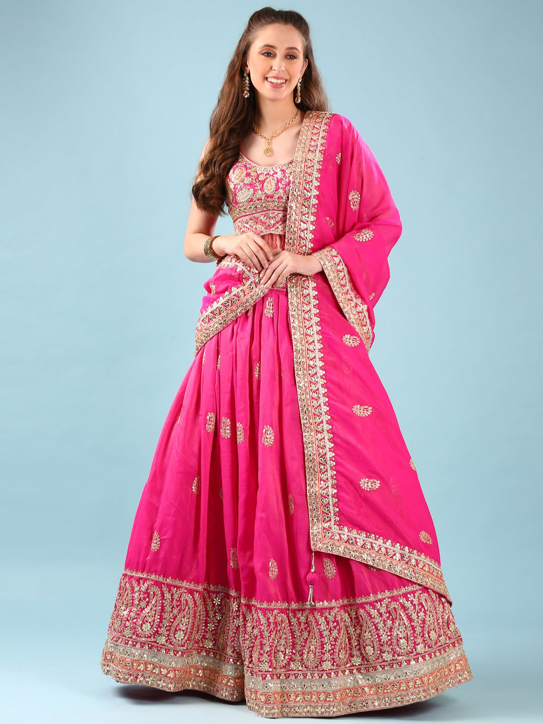 Neerus Pink silk hand embroidered lehenga set - front view