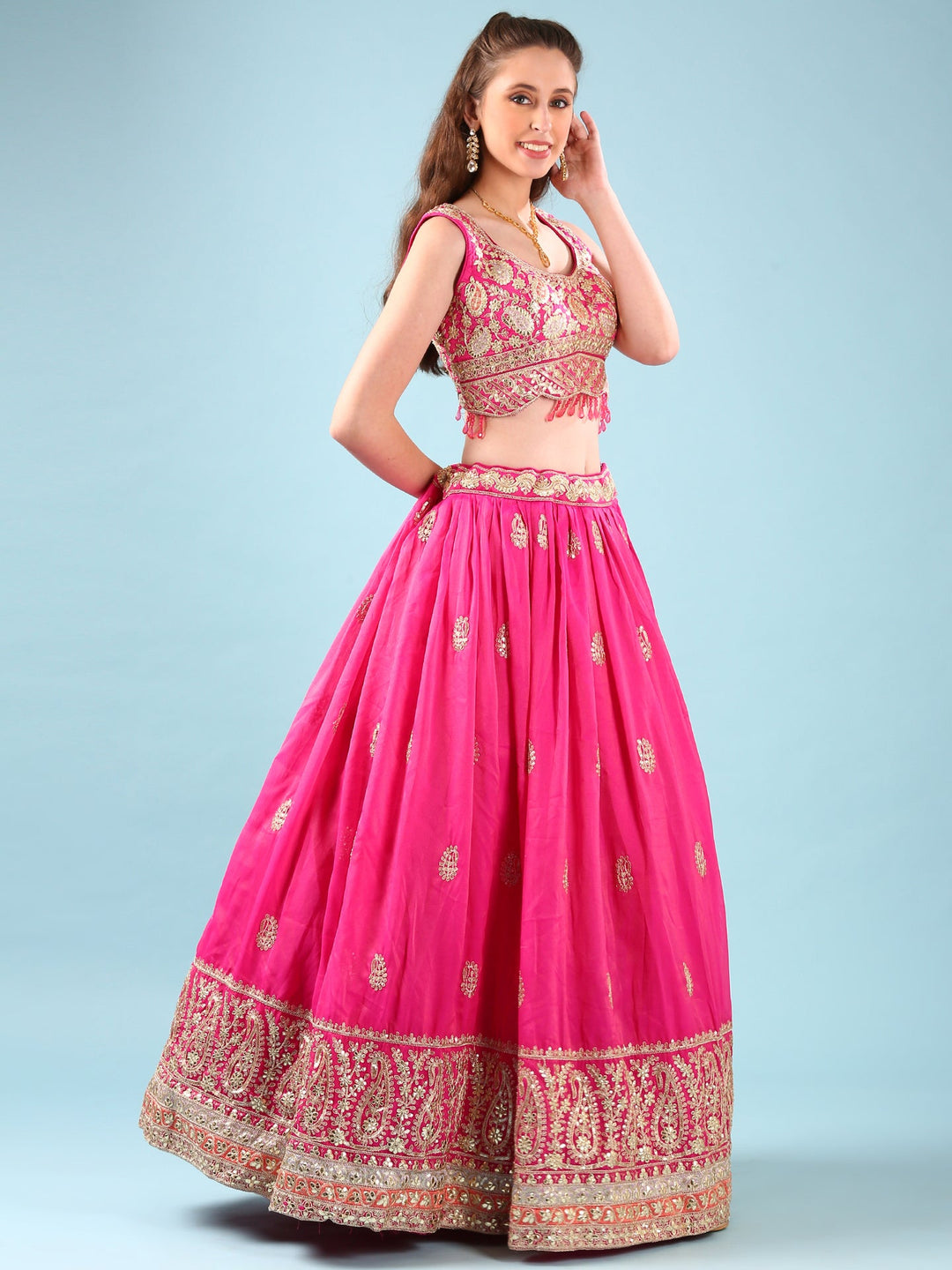 Neerus Pink silk hand embroidered lehenga set - back view
