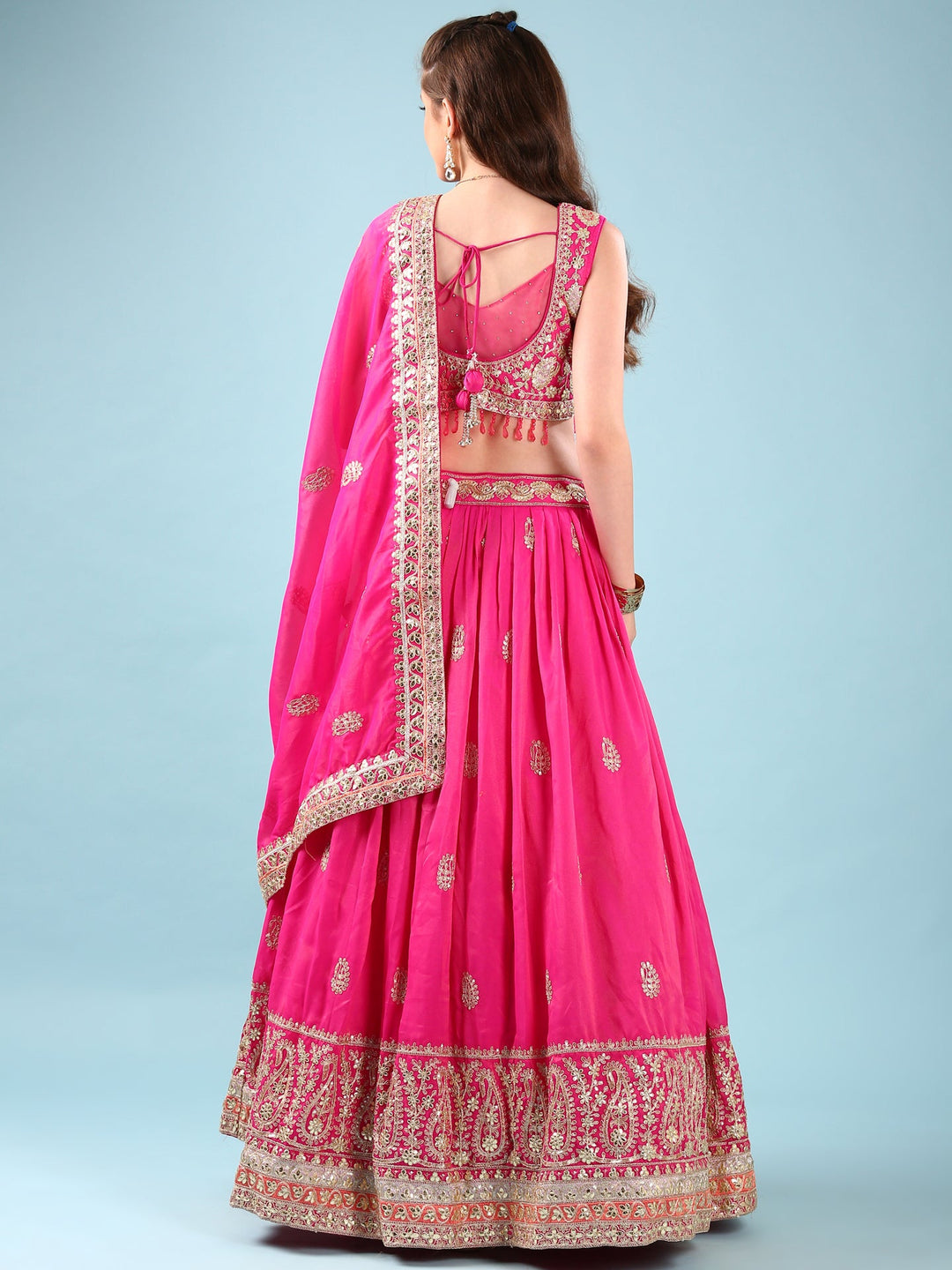 Neerus Pink silk hand embroidered lehenga set - side view