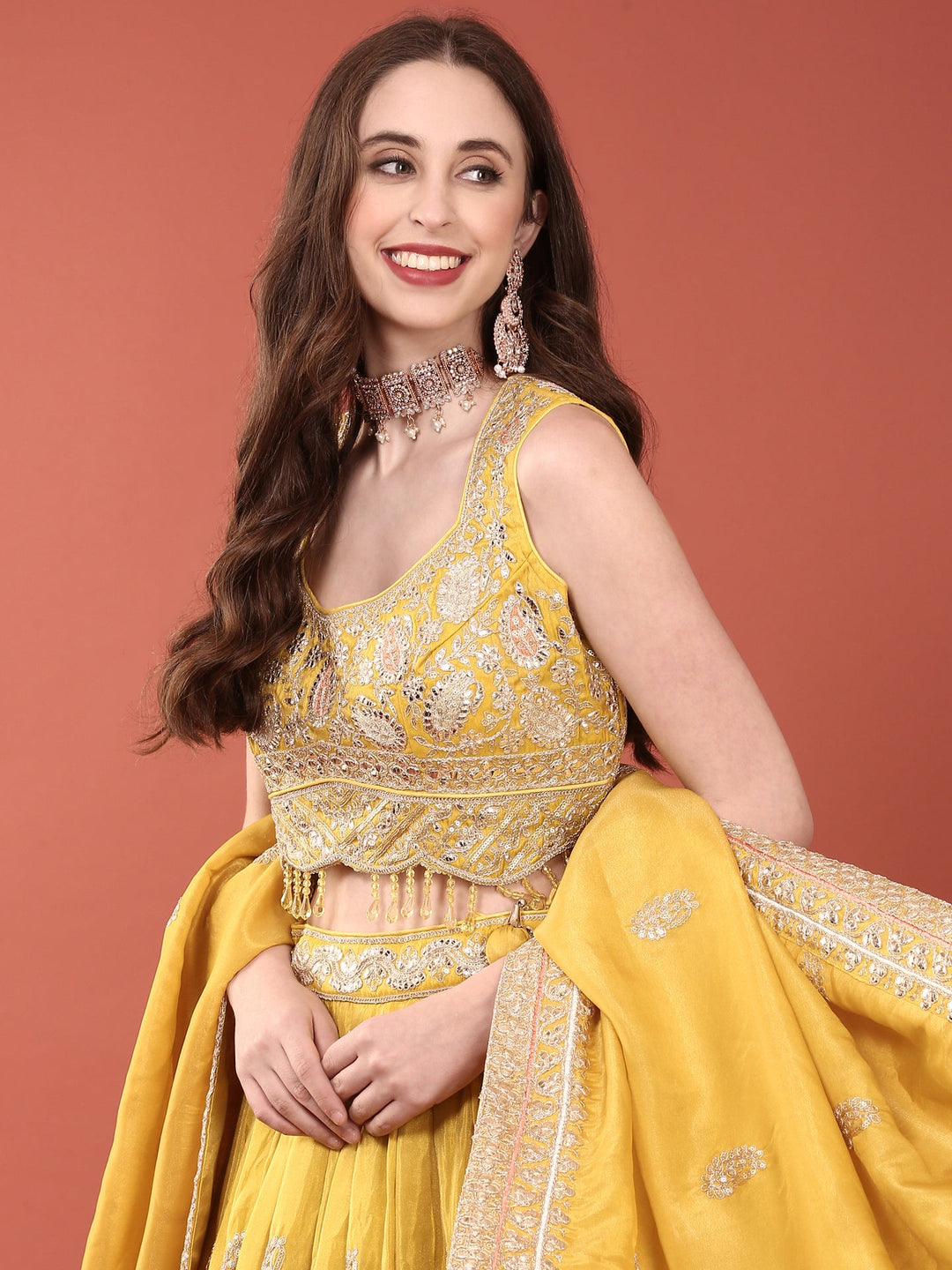 Neerus Yellow silk embroidered lehenga set - detail view 3