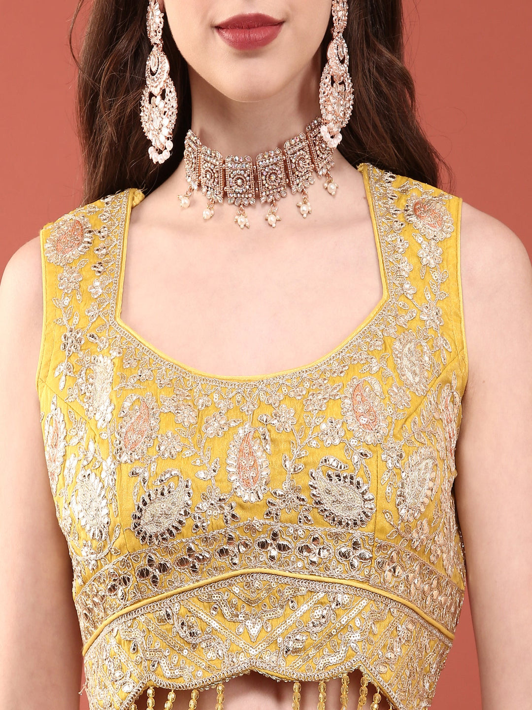 Neerus Yellow silk embroidered lehenga set - detail view 2